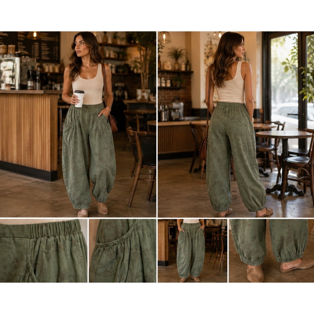 NEW Davi & Dani Sage Floral Boho Lagenlook Harem Balloon Barrel Leg Pants Large